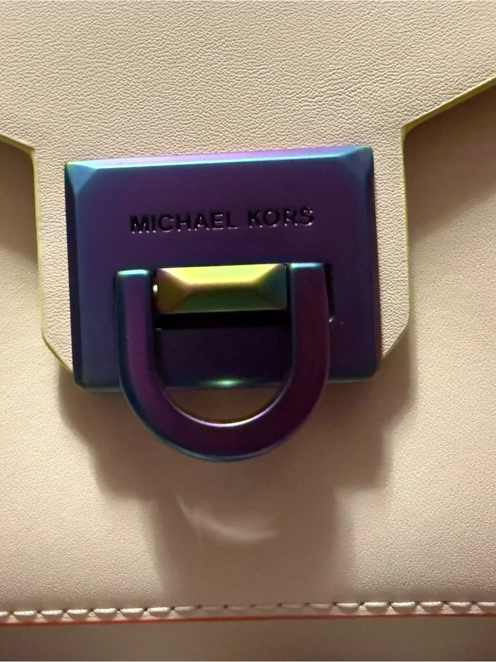 Michael Kors White Satchel with Pink Trim and Iridescent Hardware